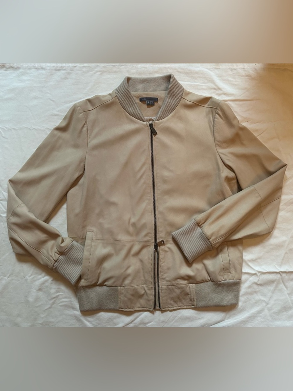 Vince Beige Bomber Jacket with Ribbed Collar